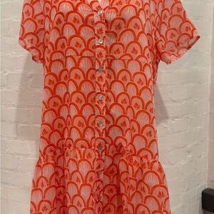 J MARIE Dress Size L Pink Coral Knee Sleeveless High Neck Ruffle Lined